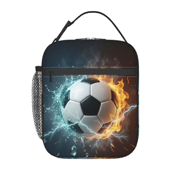 Soccer Insulated Lunch Box With Fire Soccer Pattern Print, Sports-themed Lunch Bags With Water Bottle Holder For Women Men, Reusable Portable Tote Meal Bags