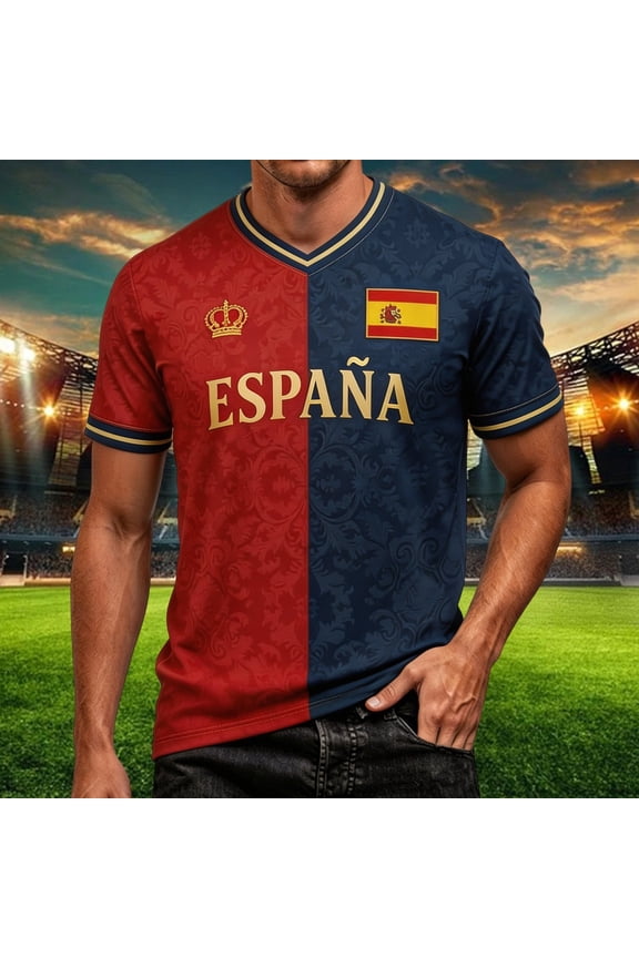 Soccer Jersey Men Men's Spain Flag V Neck Short Sleeve Summer Casual Tee Shirt Jersey Shirt Red XXXL