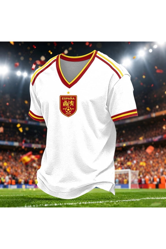 Soccer Jersey Men Men's Spain Print V Neck Breathable Stylish Pattern Modern Tee Football Jersey White L