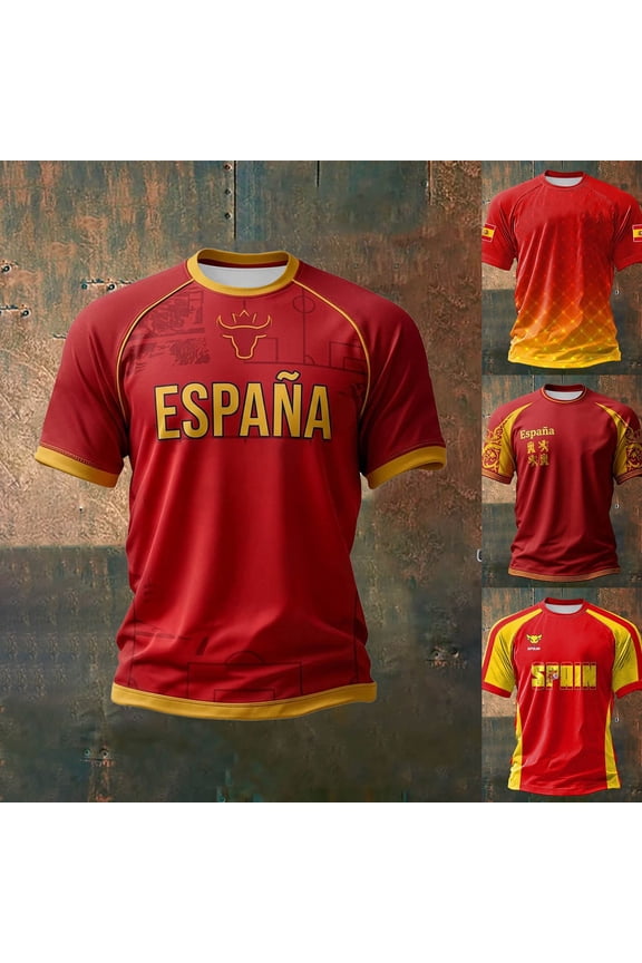 Soccer Jersey Men Men's Spain Starry Sleeve Fan Tee Lightweight Knit Everyday Top Jersey Shirt Red XXL