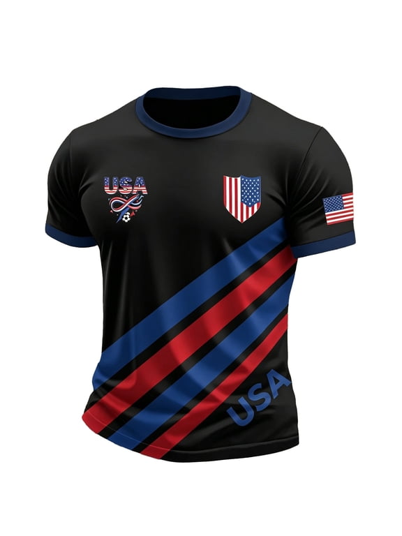 Soccer for Men USA Patriotic Print Short Sleeve Crew Neck Quick Dry Training Shirt Sports Casual T Shirt American Team Fan Support Top for Match Daily Outdoor