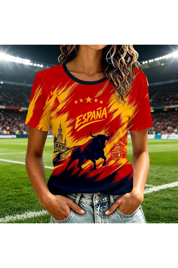 Soccer Jerseys Ladies Spain Graphic Fan Print Crewneck Short Sleeve Casual Tee Jersey Shirt Khaki XXXXL