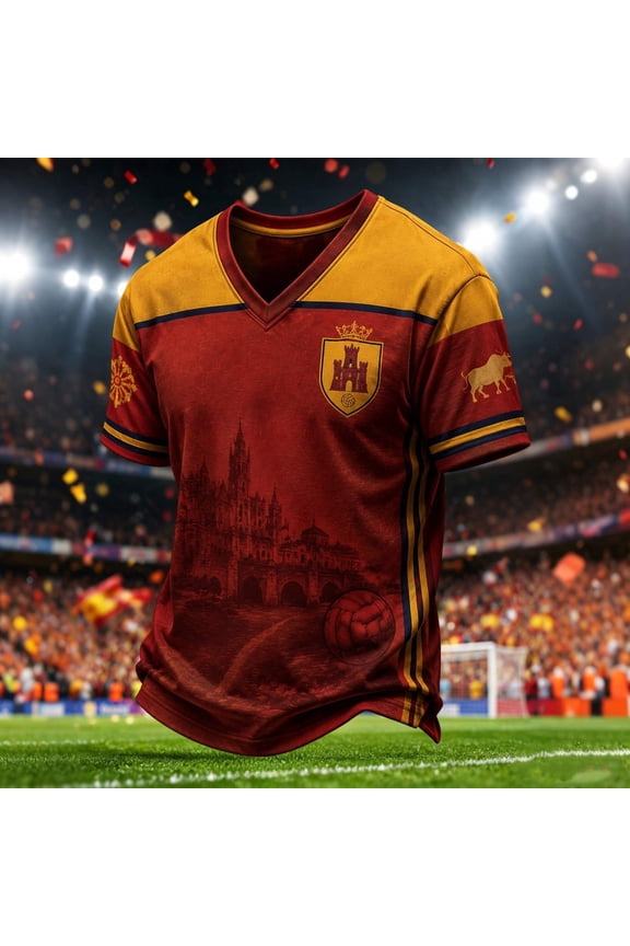 Soccer Jerseys Men's Spain Print V Neck Breathable Blend Casual Tee Top Football Jerseys for Men Red S