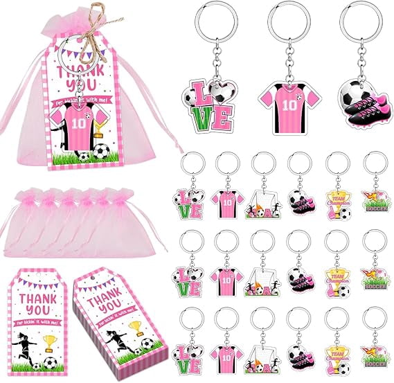 Soccer Keychains Party Favors Pink Thank You Tags Gift Bags Acrylic Sports Key Rings Pink Organza Bags for Soccer Themed Baby Shower Kids Birthday School Carnival Rewards Sports Events Party Supplies