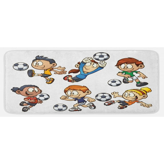 Soccer Kitchen Mat, Cartoon Drawing Style Playing Football Happy Moments Active Lifestyle, Plush Decorative Kitchen Mat with Non Slip Backing, 47" X 19", Multicolor, by Ambesonne