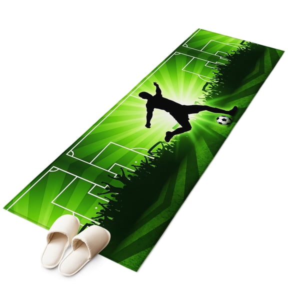 Soccer Kitchen Runner Rug 2x6 Washable Runners for Hallway Non Slip Bright Green Football Victory Kick Large Area Rug Indoor Floor Carpet for Bathroom Laundry Entryway Bedroom Living Room