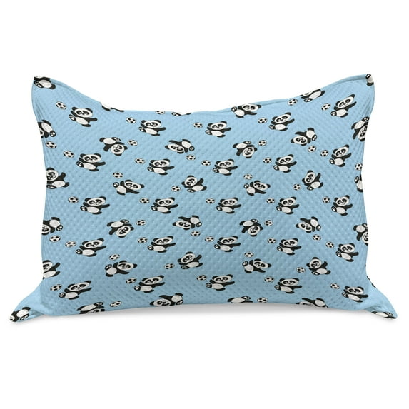 Soccer Knitted Quilt Pillowcover, Panda Player Kicking a Ball Boys Design Fun Animal Pattern, Standard King Size Pillow Cover for Bedroom, 36" x 20", Pale Blue Black White, by Ambesonne