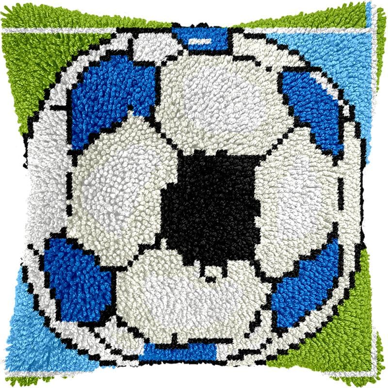 Soccer Latch Hook Pillow Kits Cushion Pillowcase with Pattern Printed Canvas Sofa Hooking Pillows Crafts Embroidery Latch Hooking Crochet Kits 17x17 inch(158)