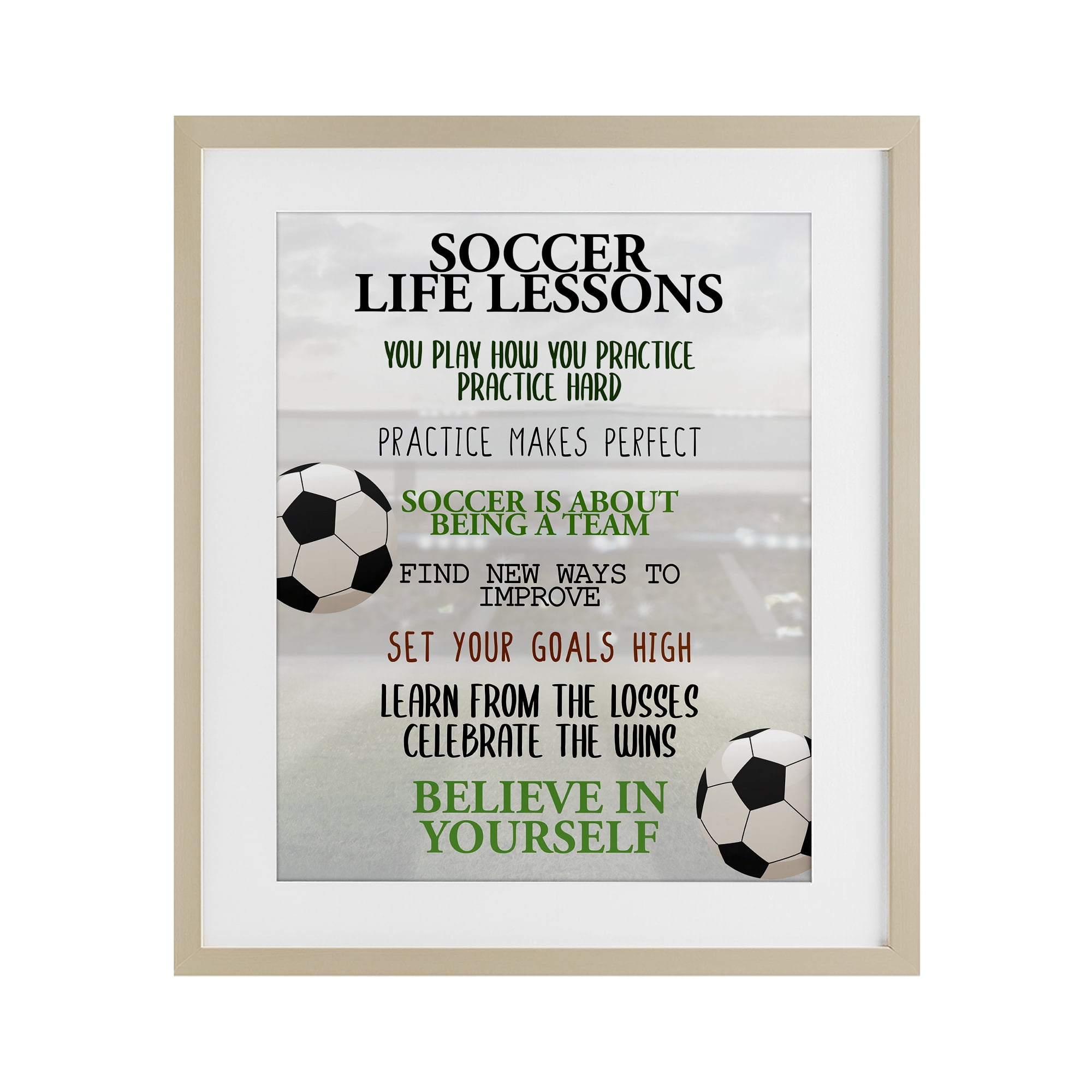 Soccer Life Lessons Birch Framed Print Under Glass, design by Kim Allen