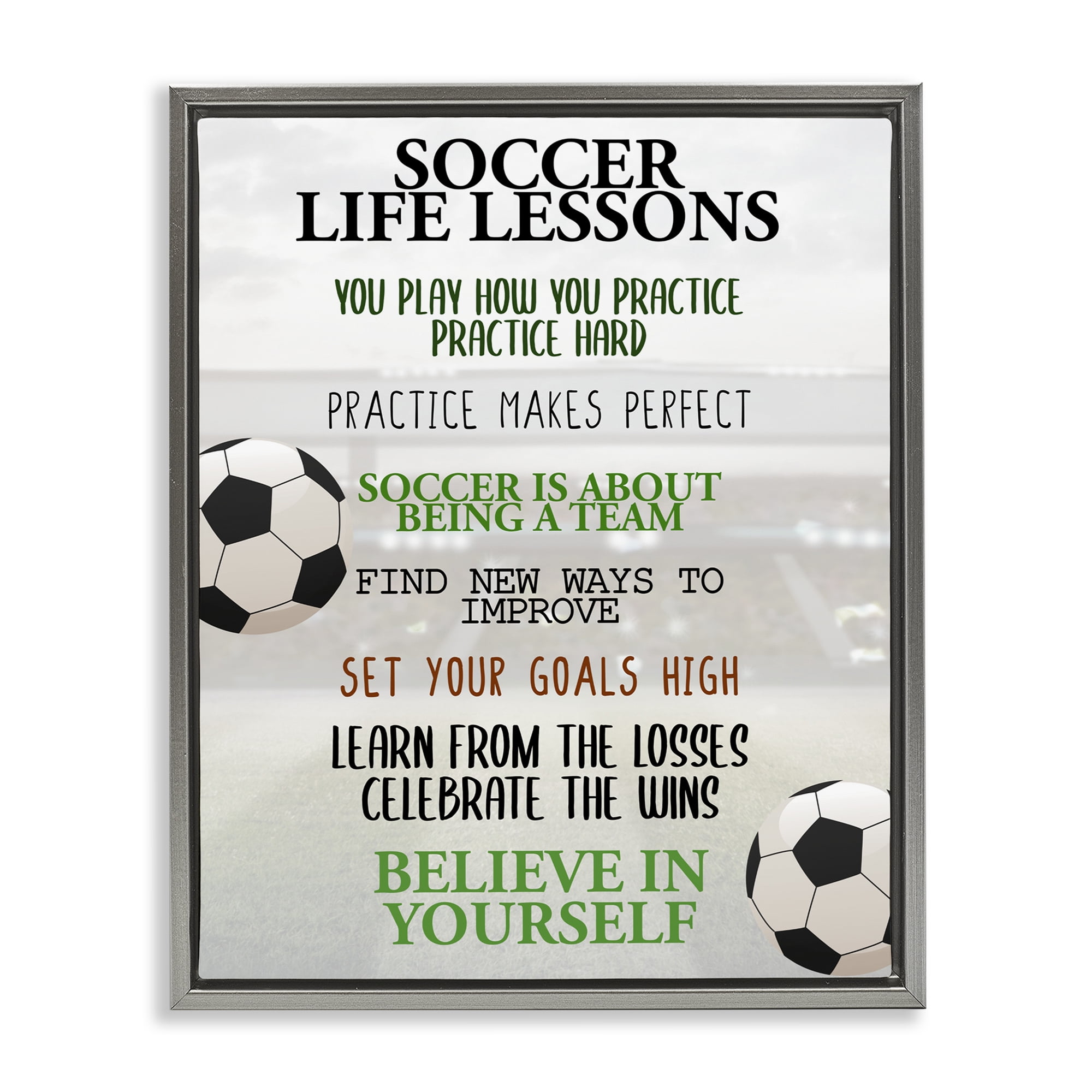 Soccer Life Lessons Gray Framed Floater Canvas Wall Art, design by Kim Allen