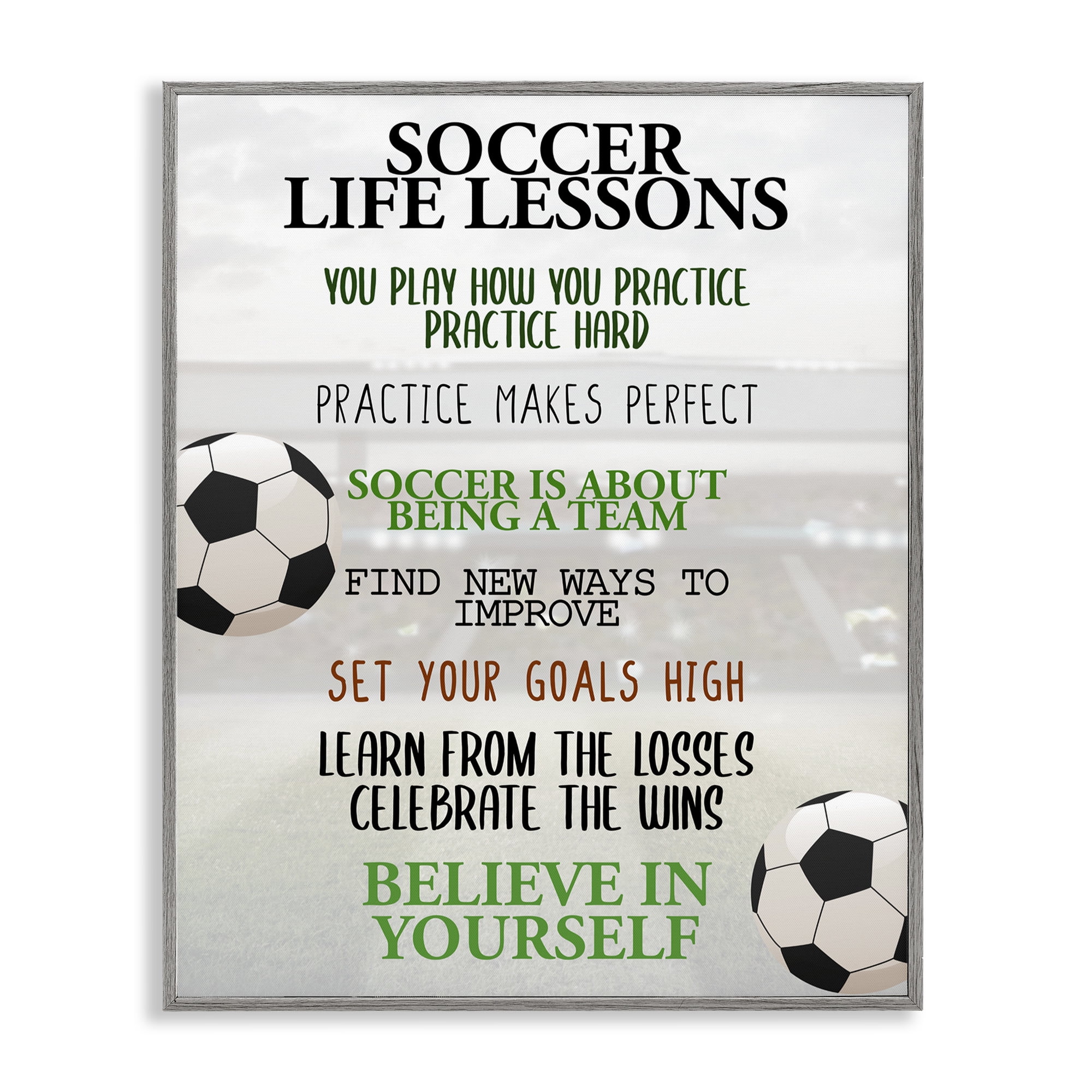 Soccer Life Lessons Gray Framed Giclee Art, design by Kim Allen