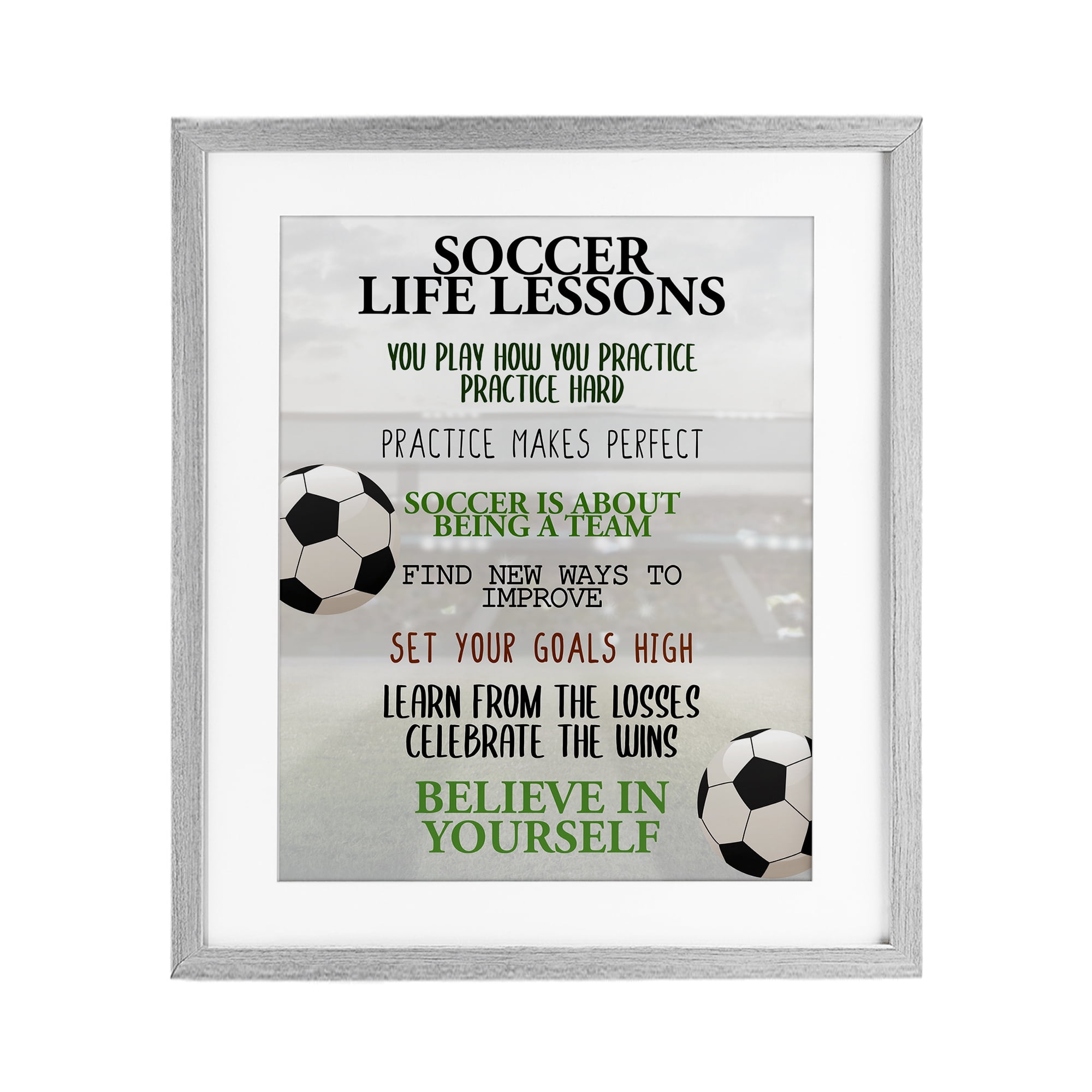 Soccer Life Lessons Gray Framed Print Under Glass, design by Kim Allen