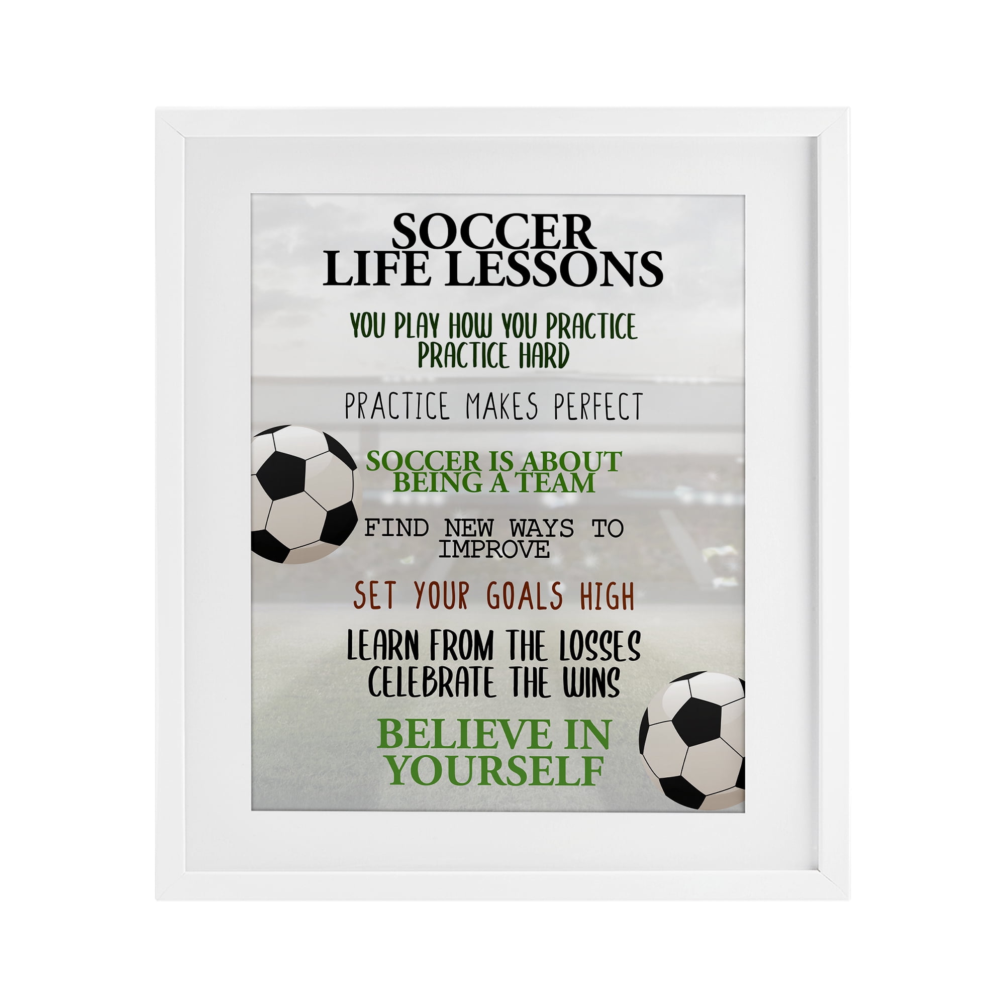 Soccer Life Lessons White Framed Print Under Glass, design by Kim Allen