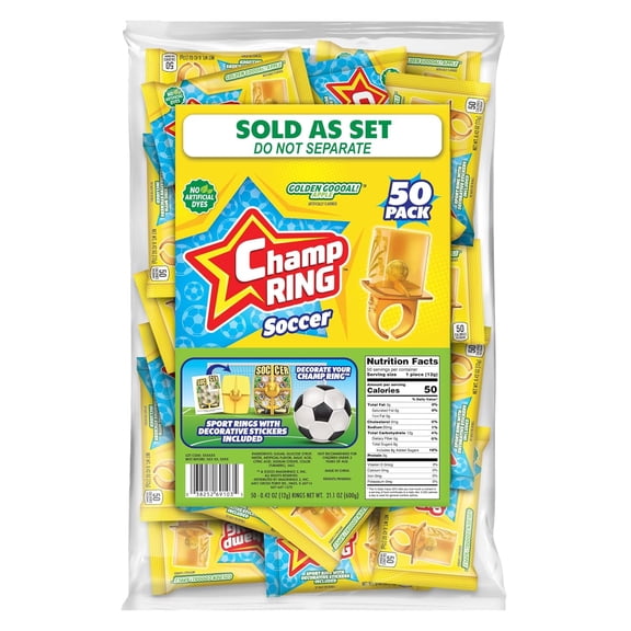 Soccer Lollipop Champ Rings, Sports Party Favors, No Artificial Dyes, Individually Wrapped, 50 Count