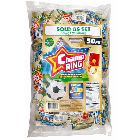 Soccer Lollipop Champ Rings, World Tournament Stickers Included, No Artificial Dyes, Individually Wrapped, 50 Count