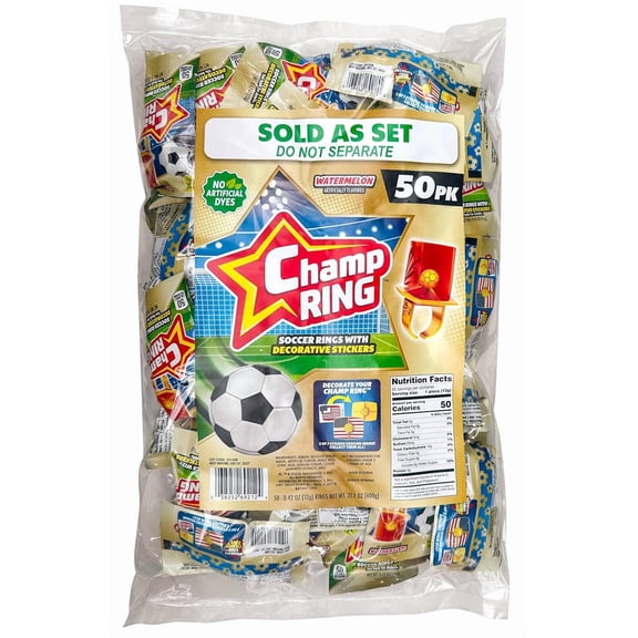 Soccer Lollipop Champ Rings, World Tournament Stickers Included, No Artificial Dyes, Individually Wrapped, 50 Count