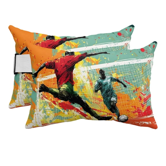 Soccer Match Outdoor Pillows for Chaise Lounge Chair Beach Headrest Pillow Set of 2 Waterproof Lumbar Pillows with Insert&Strap Abstract Players Goal Post Action Silhouette Pool Pillow 12"x20"