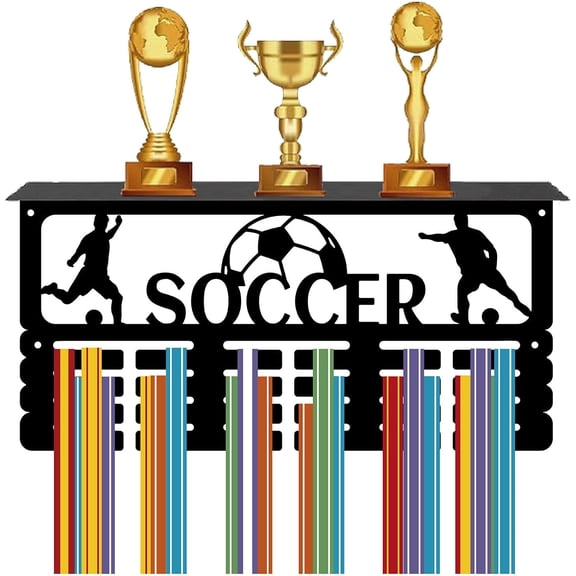 Soccer Medal Display Hanger Trophy Shelf with 24 Hooks Trophy Hanger Metal Rack Wall Mount Medal Ribbon Display Holder for DIY Gymnastics Running Basketball Football 40x20x10cm(Black)