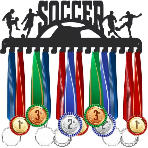 Soccer Medal Display Hook Awards Holder Metal Medal 17 Hooks Holder Display Sports Medal Hanger Ribbon Display Holder Rack Wall Mounted Metal Race Awards Ribbon Organizer