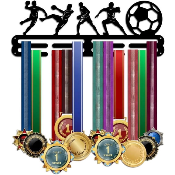 Soccer Medal Hanger Display Medal Holder Rack Wall Mount Hanger Decor Trophy Shelf Tiered Award Rack Award Ribbon Hanger with Gift Box for Over 50 Medals Easy to Install