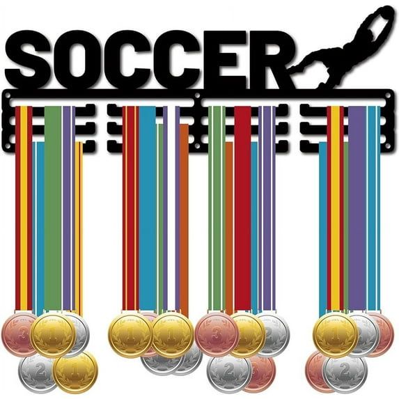 Soccer Medal Hanger Display Sports Medal Holder Over 60+ Medals Award Iron Holder Rack Frame Wall Mounted Hanging for Medalist Runner Soccer Gymnastics Marathon Athlete Gift 15.7 x 5.9 Inch