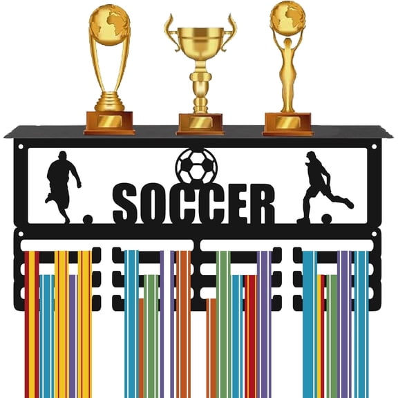 Soccer Medal Hanger Display Sports Trophy Shelf 3 Row Football Wall Mount Hold 60+ Medals Iron Rectangle Athlete Rack Frame Holder Stand