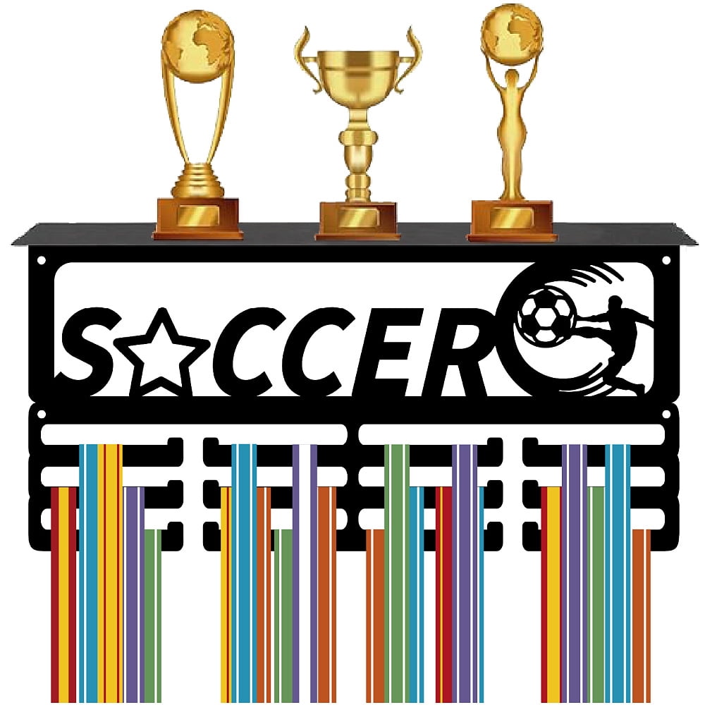 Soccer Medal Hanger Display Trophy Holder Shelf Black Metal Iron Wall Mount Hold 60+ Medals Awards Ribbons Stand Rack with 12 Hooks for Sports