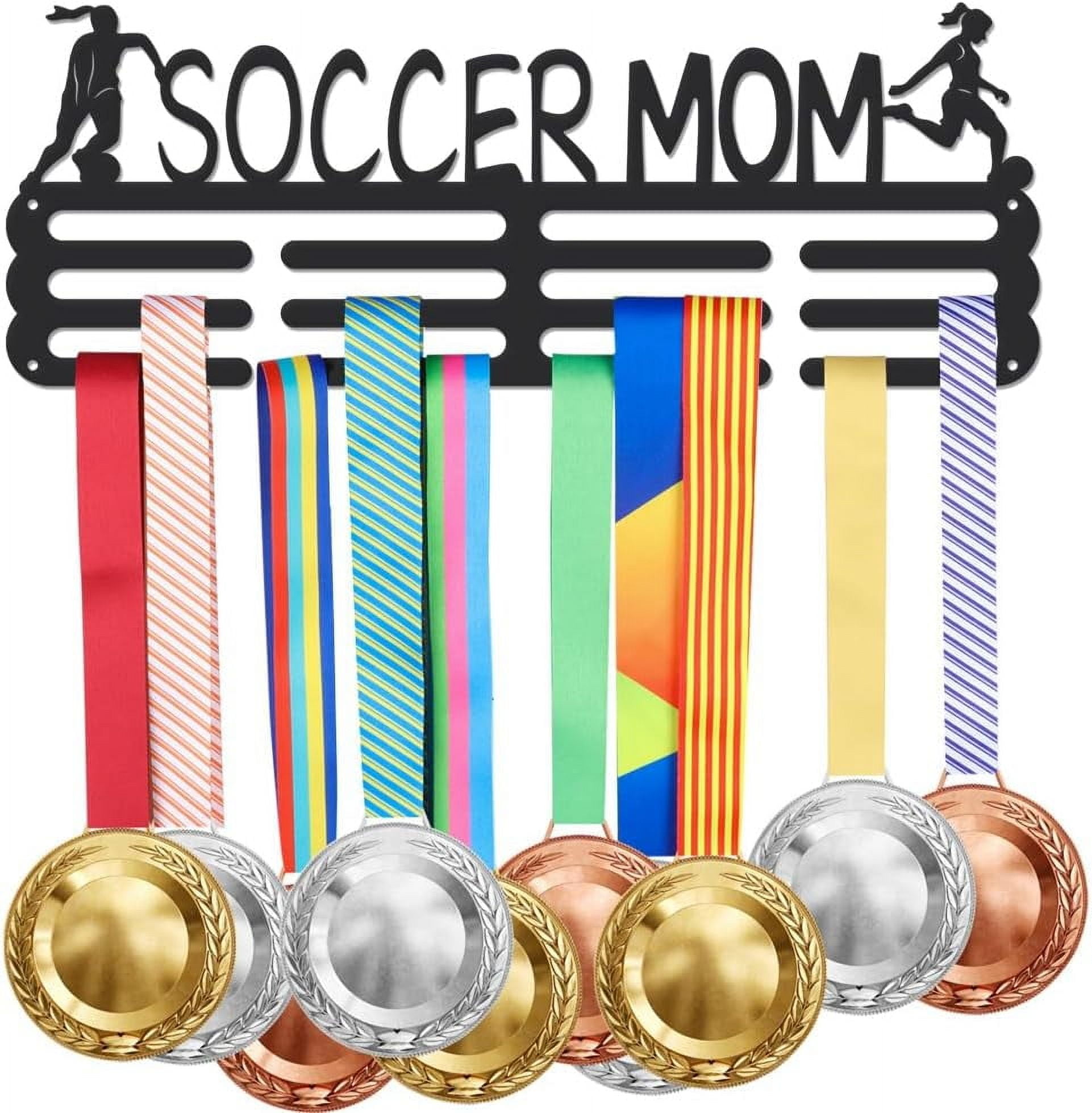 Soccer Medal Hanger Holder Display Soccer Mom Female Sports Medals Display Rack Wall Mount Iron Ribbon Hook Hanger Decor for Athletes Players Mom Capacity 15KG Black