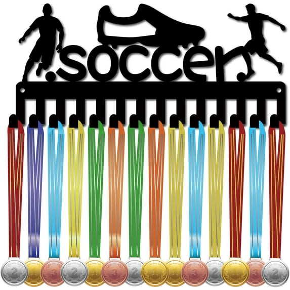 Soccer Medal Holder Display Football Medal Hanger Rack Hooks Small frame iron Wall Mount Medal Hangers Organizer for Hanging Medals Awards Ribbons Footballer Athlete Medalist 11.4 x 5.1Inch