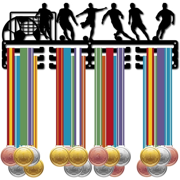Soccer Medal Holder Display Hanger Black Metal Medal Rack Organizer Medal Stand Frame with 12 Hooks 3 Rows Hanging Over 60 Medals Wall Mounted Hanger for DIY Football Player 15.7 x 6Inch
