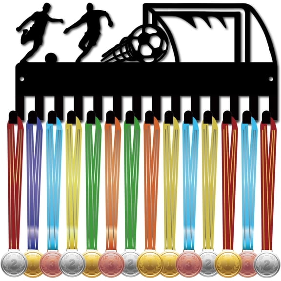 Soccer Medal Holder Football Medal Hanger Display Sports Race Competition Victory Awards Ribbon Organizer Small Black Metal Rack Frame with 14 Hooks for Player Athletes 11.4 x 5.1Inch