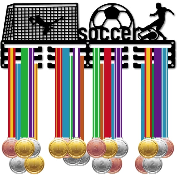 Soccer Medal Holder Football Medal Holder Medal Rack Display Hanging Awards Wall Mounted 3 Lines Design Hold 60+ Medals Room Decoration Gift for Soccer Football Player Black 15.7x5.9 Inch