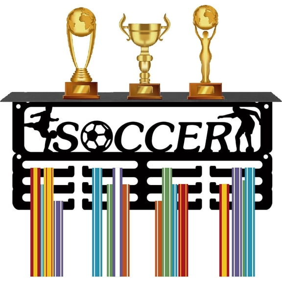 Soccer Medal Holder Trophy Shelf Football Medal Hangers Display with Shelf Stand Small Sports 4 Rows Wall Mount Hold 70+ Medals for Women Soccer Running Swimming Awards Rack 11.4 x 5.1 Inch for DIY