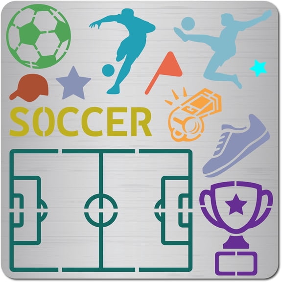 Soccer Metal Stencil Sports Ball Football Trophy Goal Athlete Reusable Stainless Steel Drawing Template Pyrography Engraving Wood Burning Embossing Crafts 6.3 x 6.3inMatte Stainless Steel Color