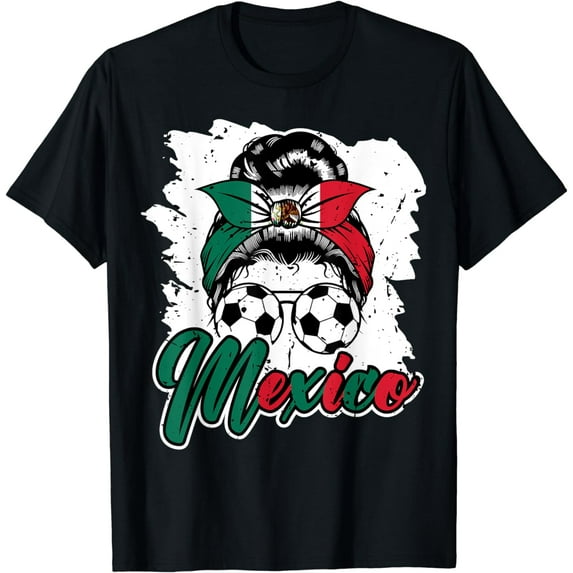 Soccer Mexico Messy Bun Mexican Flag Football Girls Women T-Shirt