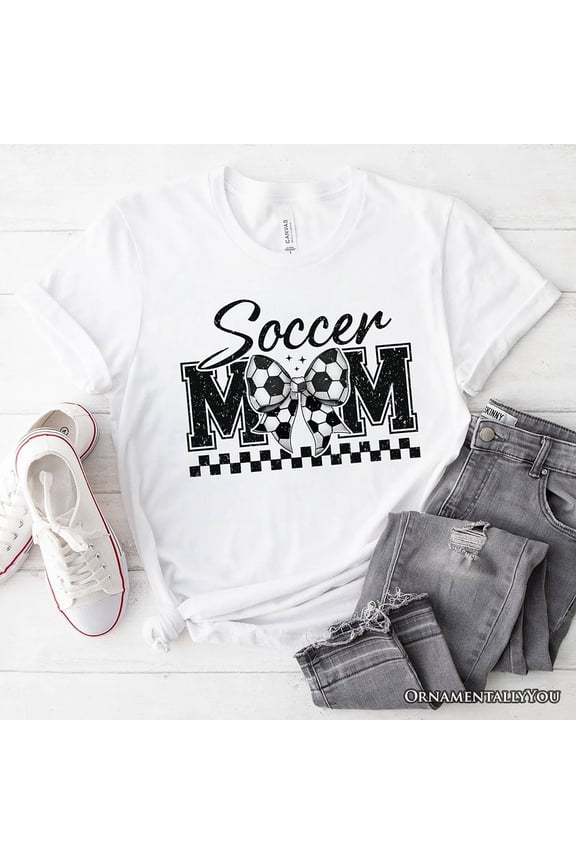Soccer Mom Coquette Bow Retro T-Shirt, Stylish Game Day White Tee for Trendy and Proud Sports Mothers