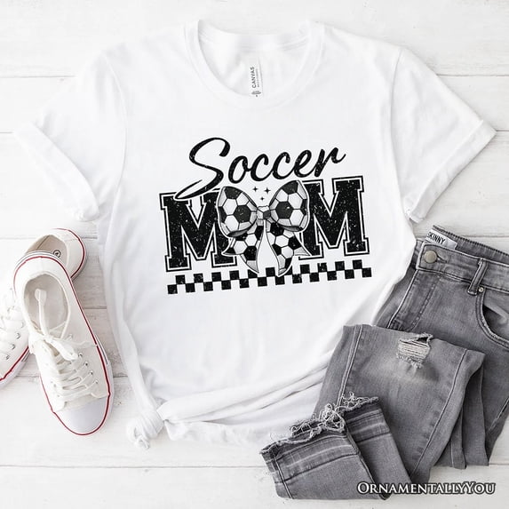 Soccer Mom Coquette Bow Retro T-Shirt, Stylish Game Day White Tee for Trendy and Proud Sports Mothers