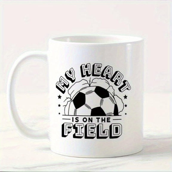 Soccer Mug with My Heart Is On Field Design 11oz White Ceramic Coffee Cup Soccer Players Fans TT4 Model Soccer Gifts Sports Fan Playful Font Style Durable Print Design Game Day Dri