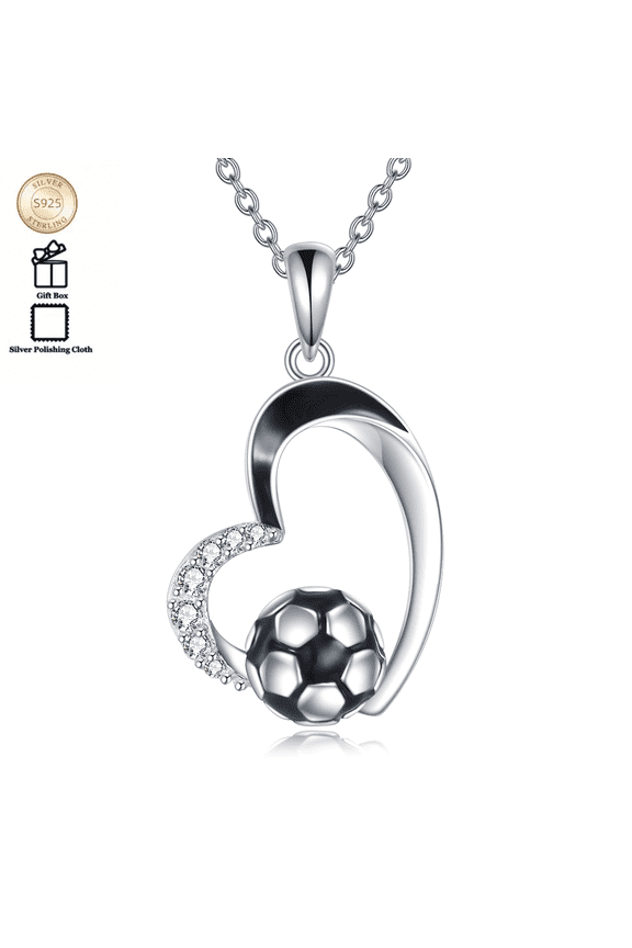 Soccer Necklace S925 Sterling Silver Heart Soccer Pendant Necklaces for Women 3D Soccer Sport Jewelry Gifts for Soccer Player Lover Couch
