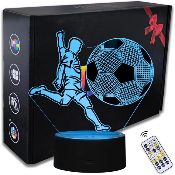 Soccer Night Light, 3D LED Night Lamp for Boys - Soccer Themed Bedroom Lamps, Optical Illusion Lamp with Remote Control