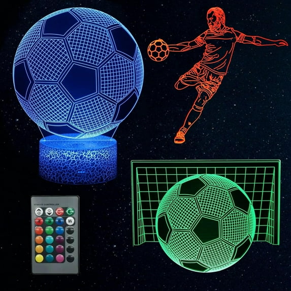Soccer Night Light for Boy Girl Kids Bedroom, 3D Illusion Lamp, 3 Patterns 16 Colors Changing Dimmable Room Décor, Touch & Remote Control, Christmas Birthday Gift Toy Teenage Sports Fan