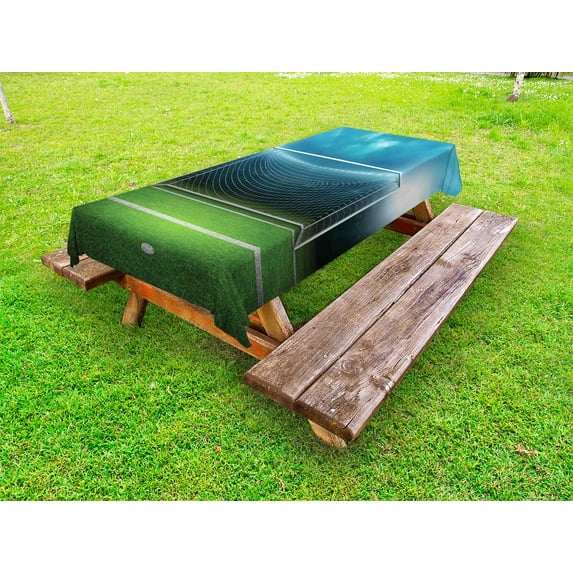 Soccer Outdoor Tablecloth, Soccer Goal Post Sports Area Winner Loser Line Floodlit Best Team Finals Game Theme, Decorative Washable Fabric Picnic Tablecloth, 58 X 120 Inches, Green Blue, by Ambesonne