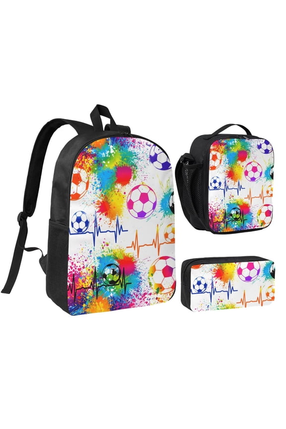 Soccer Paint Splash Backpack Set 3pc Including Backpack, Lunch Bag and Pen Bag Combination