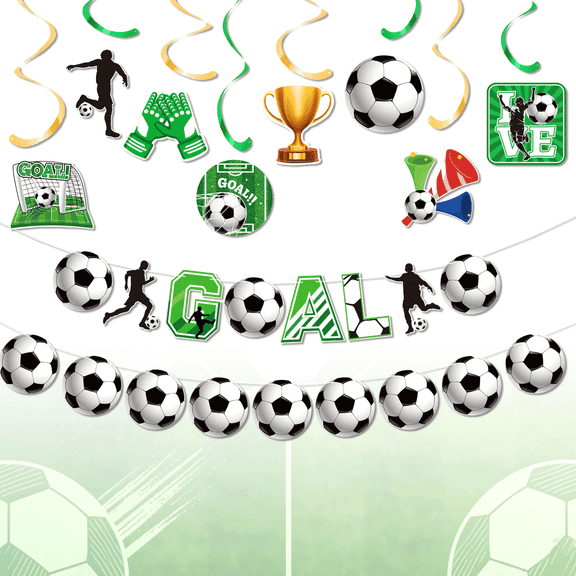Weekend Party Decoration Set - Goal! Soccer-Themed Banners and Spiral Hanging Decorations for Celebrations