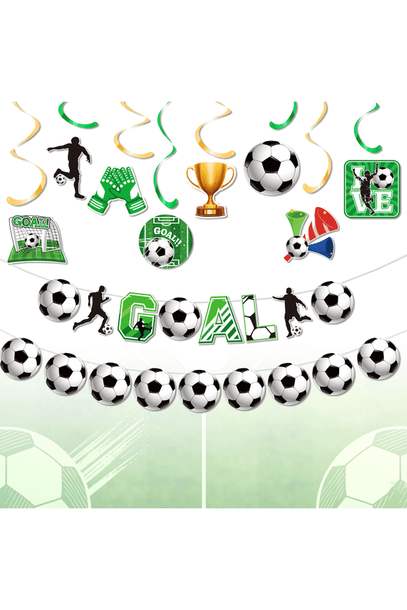 Weekend Party Decoration Set - Goal! Soccer-Themed Banners and Spiral Hanging Decorations for Celebrations