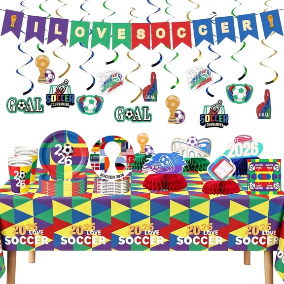 2026 Soccer Themed Party Decorations, Red Blue Green Football Party Supplies for Game, Sports Themed Banner & Balloon Kit for Fan Celebrations