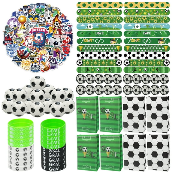 Soccer Party Favors-150Pcs Soccer Party Supplies-Soccer Wristbands Soccer Stickers Mini Soccer Slap Bracelets Soccer Theme Gift Bags Soccer Erasers, Gifts to Students, Kids