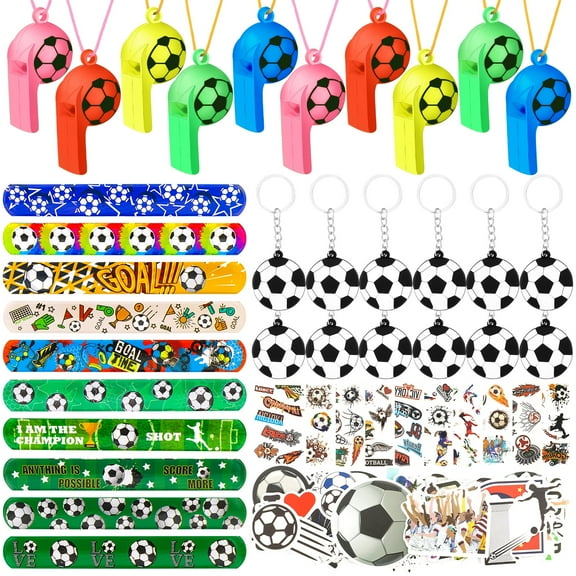 Soccer Party Favors Set 96Pcs Soccer Slap Bracelet Keychain Soccer Tattoos Soccer Toy Whistle Sports Party Favors for Kids Boys