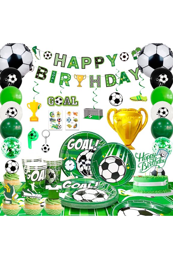 Soccer Party Supplies, 113pcs Football Party Decorations & Tableware - Green Balloons Tablecloth Plates Cups Whistle Keychain ect Birthday Supplies