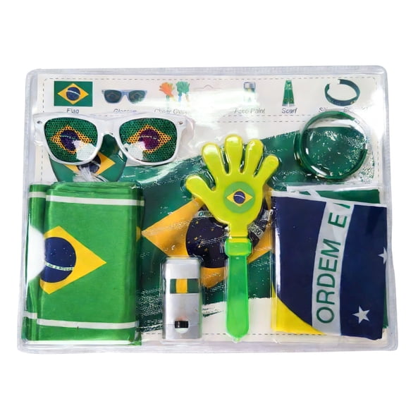 Soccer Party Supplies Brazil Themed Plastic Fan Gear Set with Handheld Flag, Novelty Glasses, Stadium Hand Clapper Noisemaker, Face Paint, Wristband, Scarf — Tailgate Party Essentials